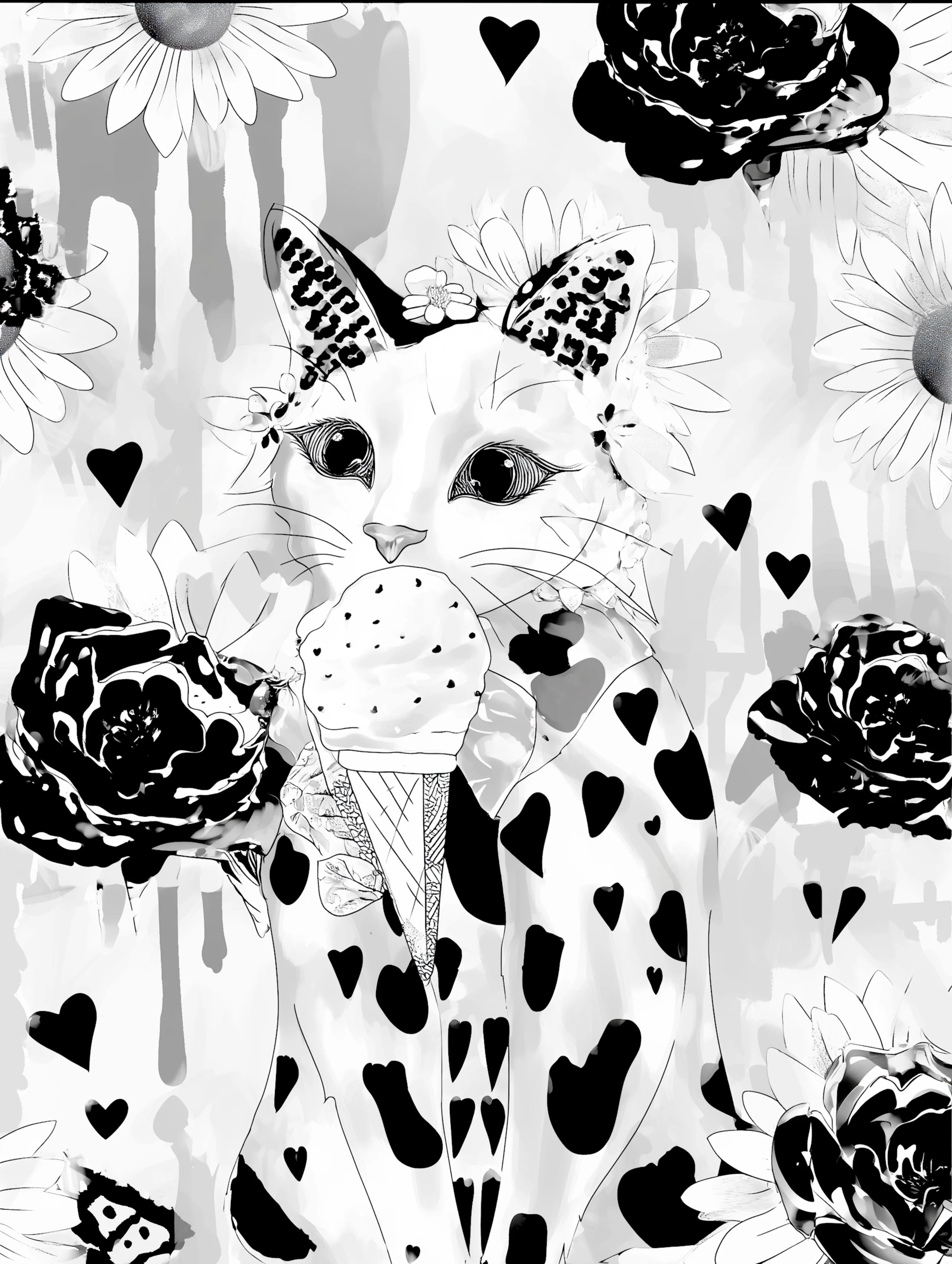 Free printable kitten coloring page featuring older kitten eating ice cream